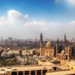 Islamic Cairo skyline with mosques and minarets