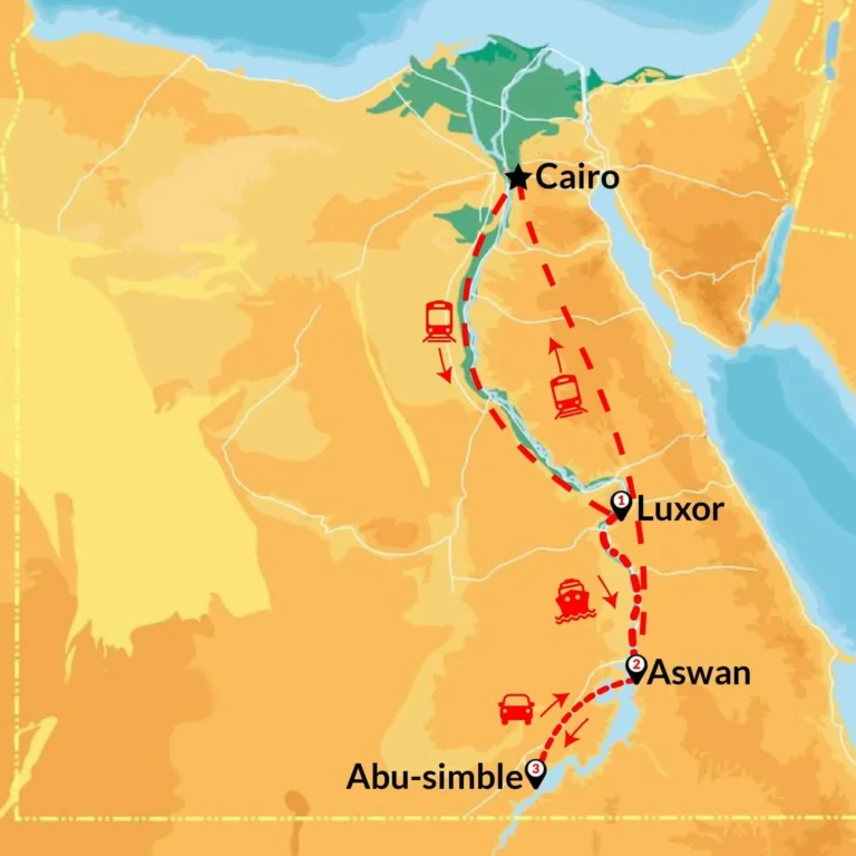 Route map of the 10-day tour from Cairo to Luxor, Aswan and Abu Simbel