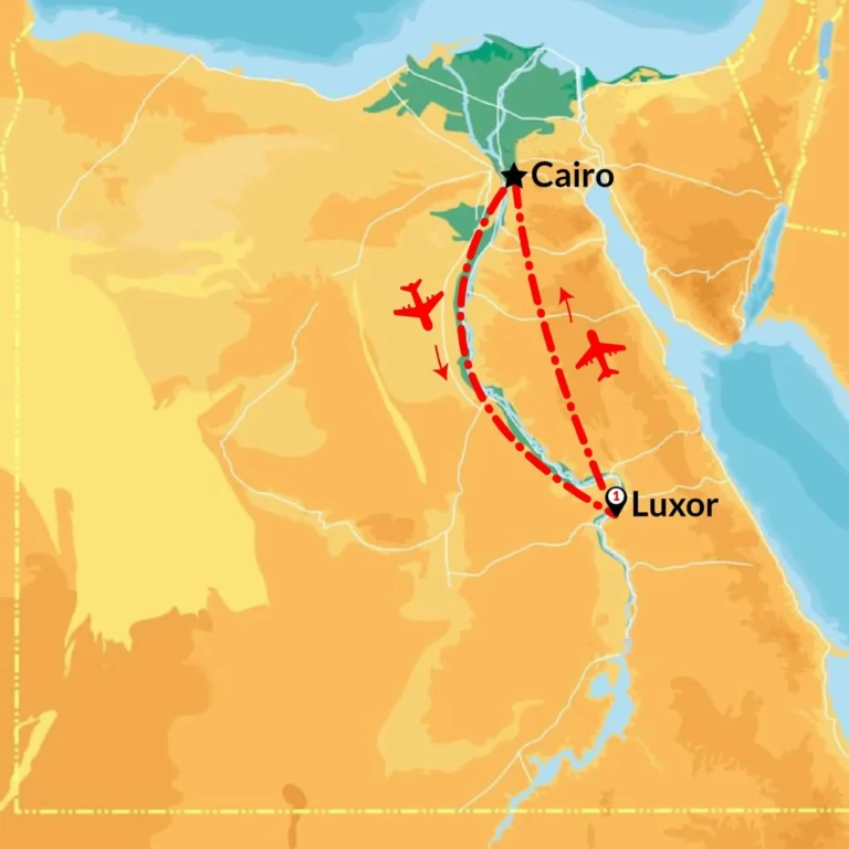 Route map of Egypt showing flights between Cairo and Luxor
