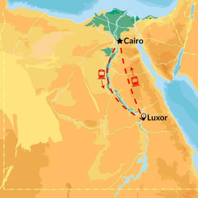 Route map of Egypt showing train travel between Cairo and Luxor