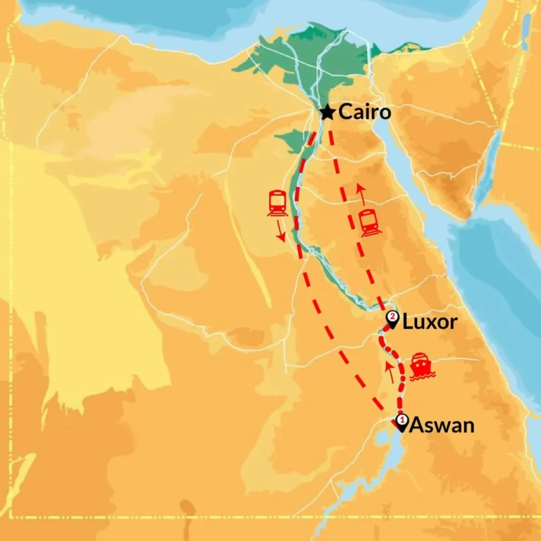 Tour route map linking Cairo, Luxor and Aswan