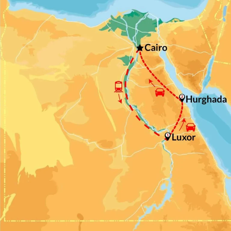 Route map of Cairo, Luxor and Hurghada by train and road