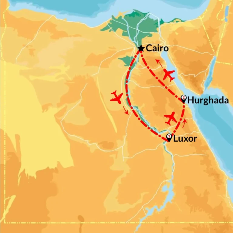Route map of Cairo, Luxor and Hurghada with flight paths