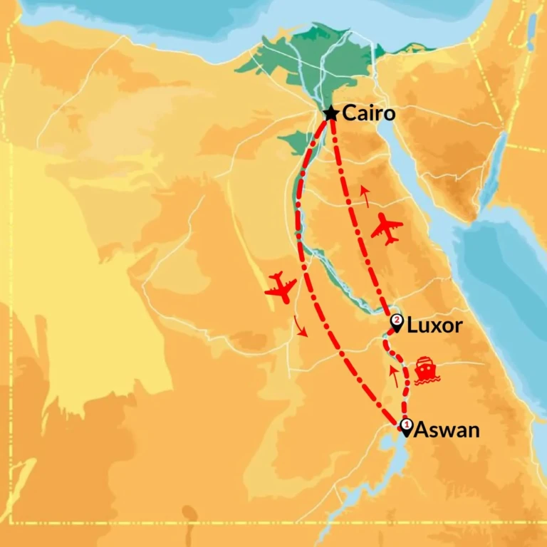 Route map of Egypt from Cairo to Luxor and Aswan by flight and cruise