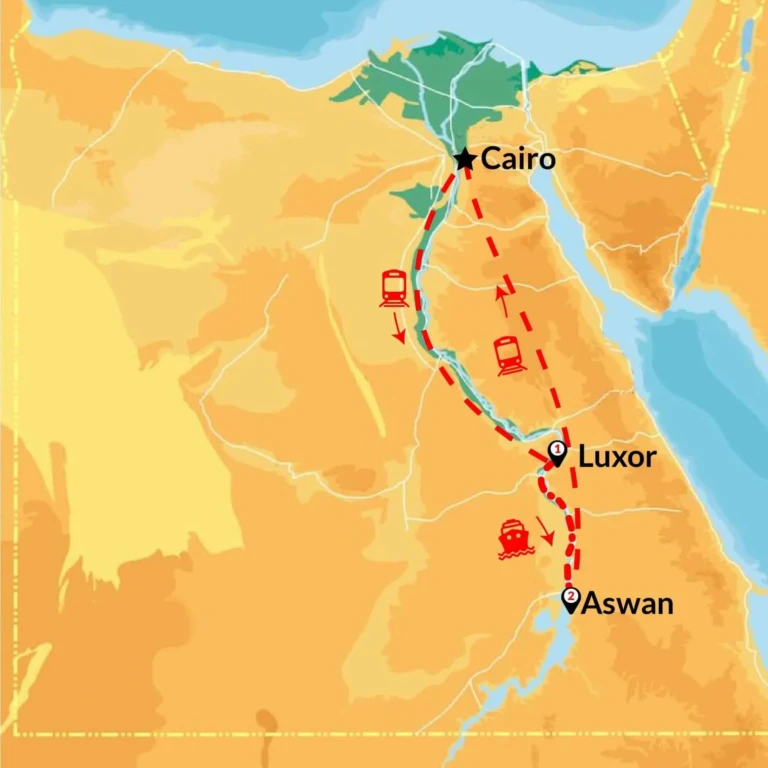 Route map from Cairo to Luxor and Aswan by train and Nile cruise