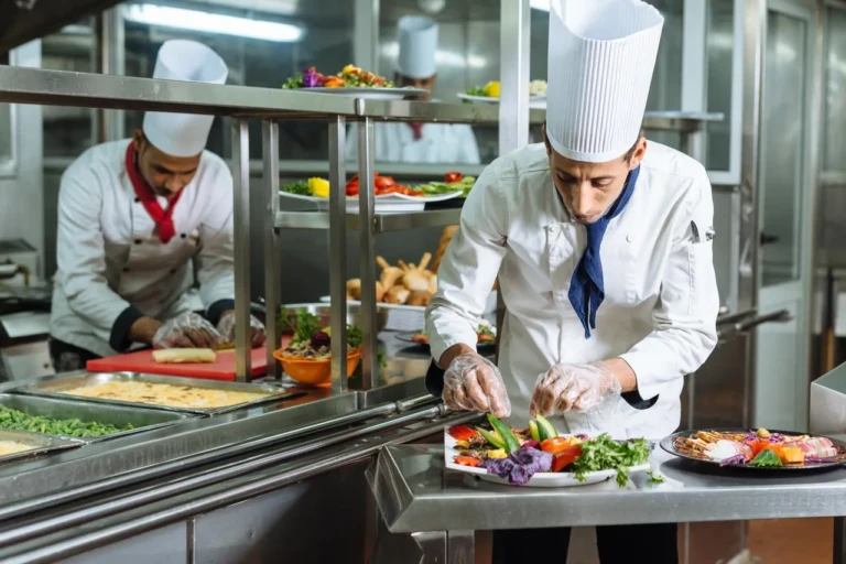 Chefs plating dishes in the Esmeralda galley kitchen