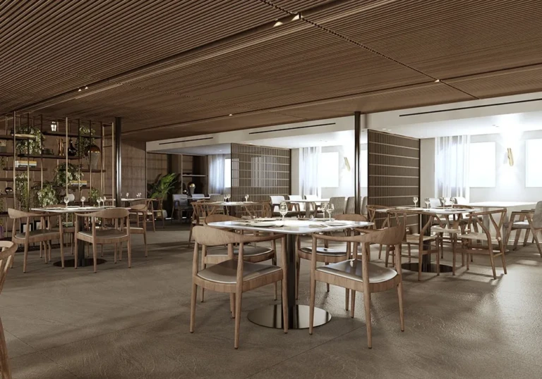 Restaurant with wooden slat ceiling and timber chairs on the Historia
