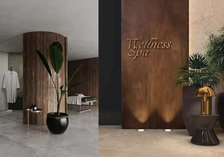 Wellness spa entrance with plants and hanging robe on the Historia
