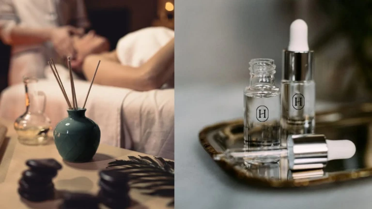 Spa collage with massage, hot stones and serum bottles on the Historia