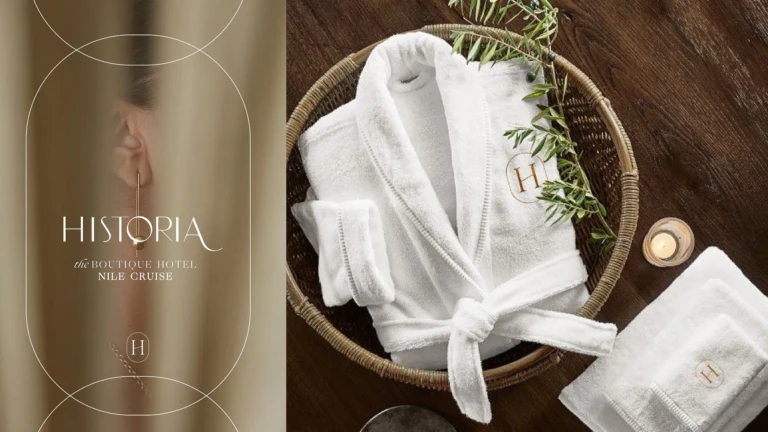Historia branding panel beside a bathrobe in a wicker basket