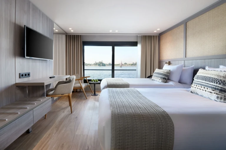 Twin cabin with two beds and Nile window on the Historia