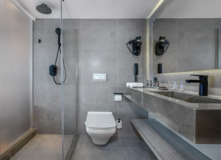 Grey bathroom with walk-in shower and long vanity on the Historia