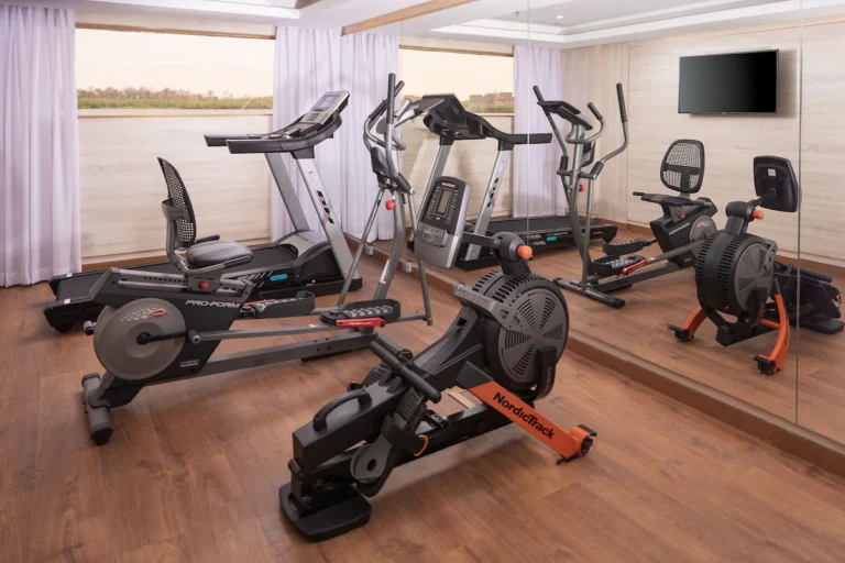 Gym with treadmill, exercise bikes and rowing machine