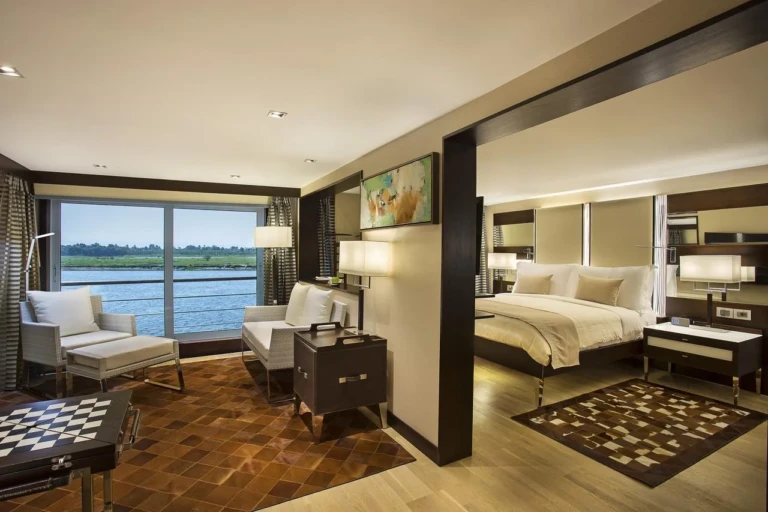 Oberoi Philae suite with sitting area, bedroom and Nile window