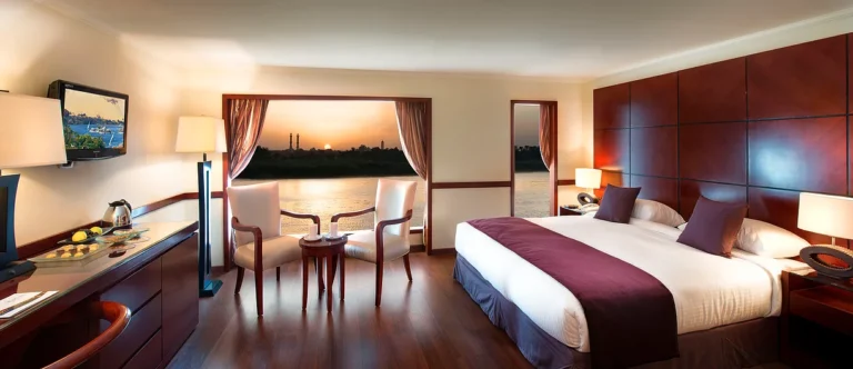Amwaj Living Stone cabin with double bed and window table at sunset