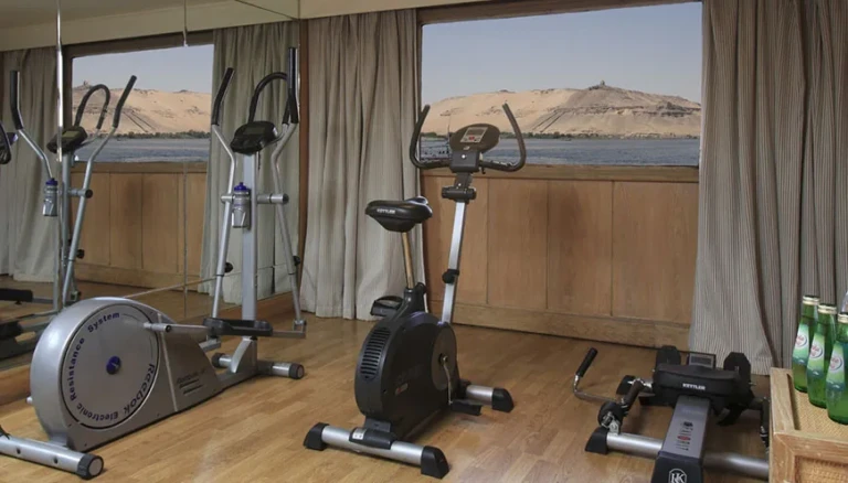 Gym with exercise bikes and Nile view windows on MS Jaz Senator