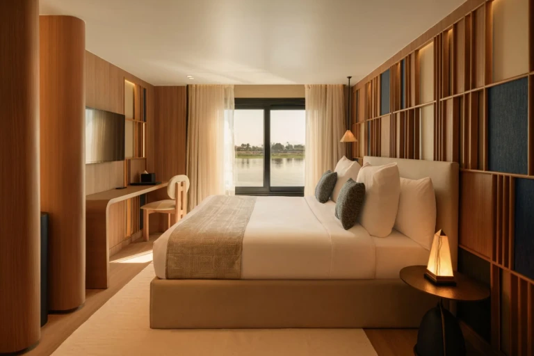 Le Fayan cabin bed with bedside lamp and window facing the Nile