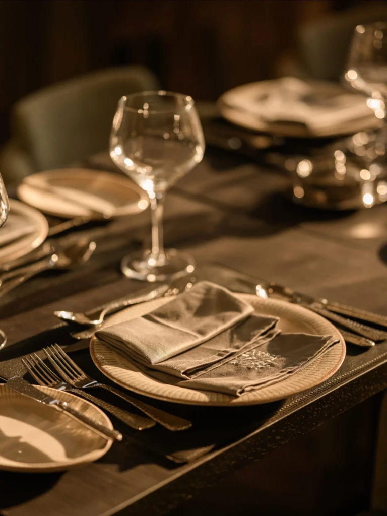 Place setting with folded napkin and wine glass on a dining table