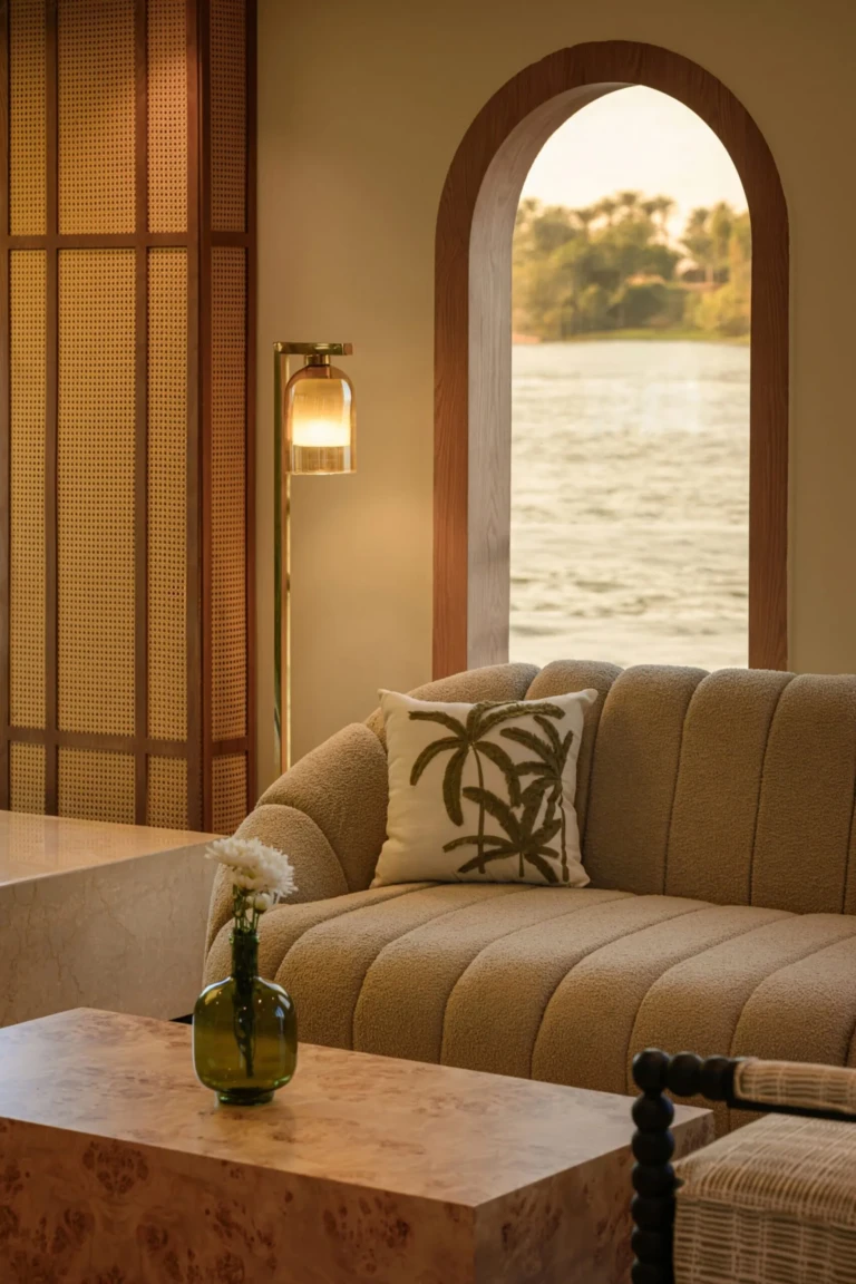 Cream sofa beside an arched window over the Nile on Le Fayan