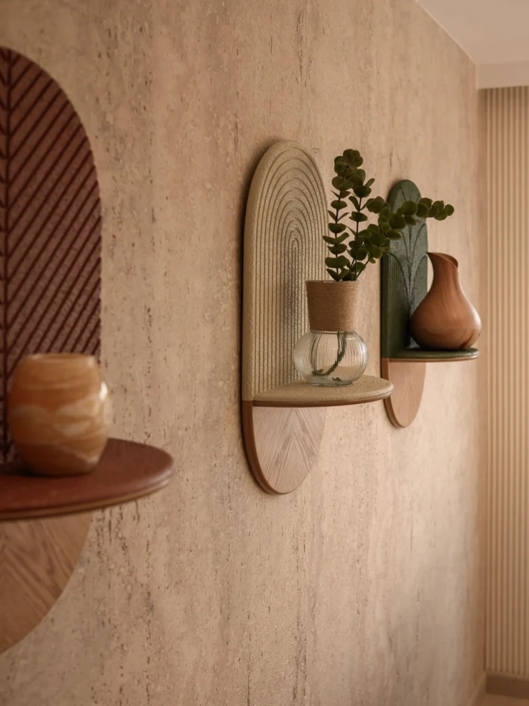 Wall shelves with plant and vases in the Le Fayan spa