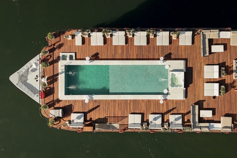 Aerial view of the Le Fayan top deck with swimming pool