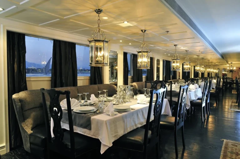 MS Mayfair dining room with lanterns and Nile view windows