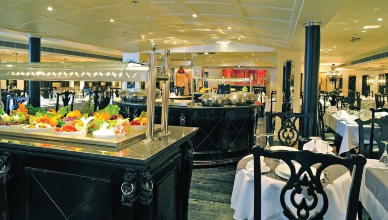 MS Mayfair restaurant with salad buffet and set dining tables