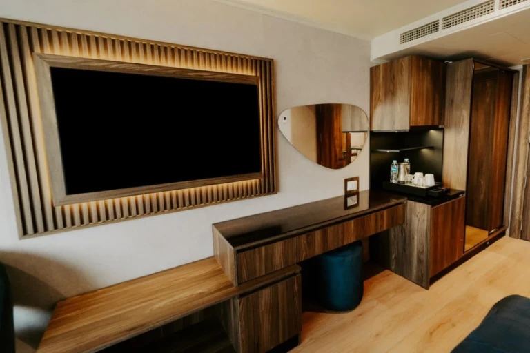 Cabin TV wall, desk and tea station