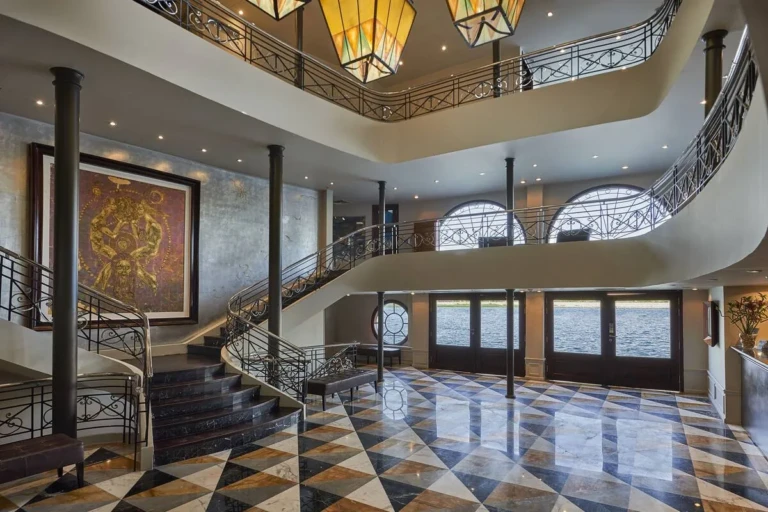 Grand staircase and checkered marble lobby on the Sun Ray