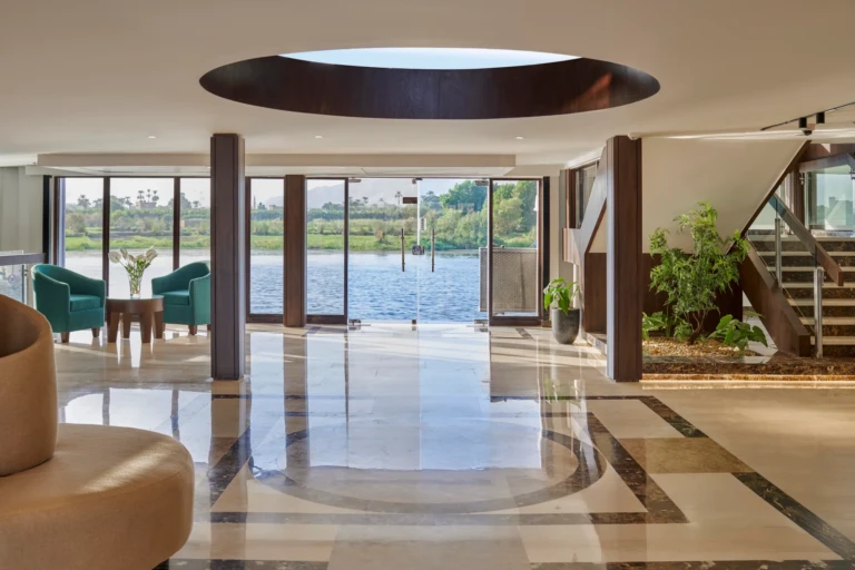 Royal Lily lobby with marble floor, skylight and Nile view