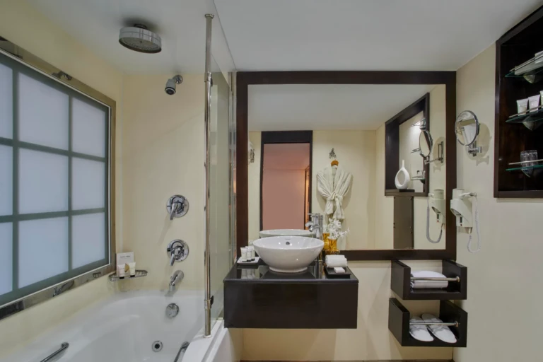 Bathroom with bathtub, rain shower and washbasin on the Royal Lily