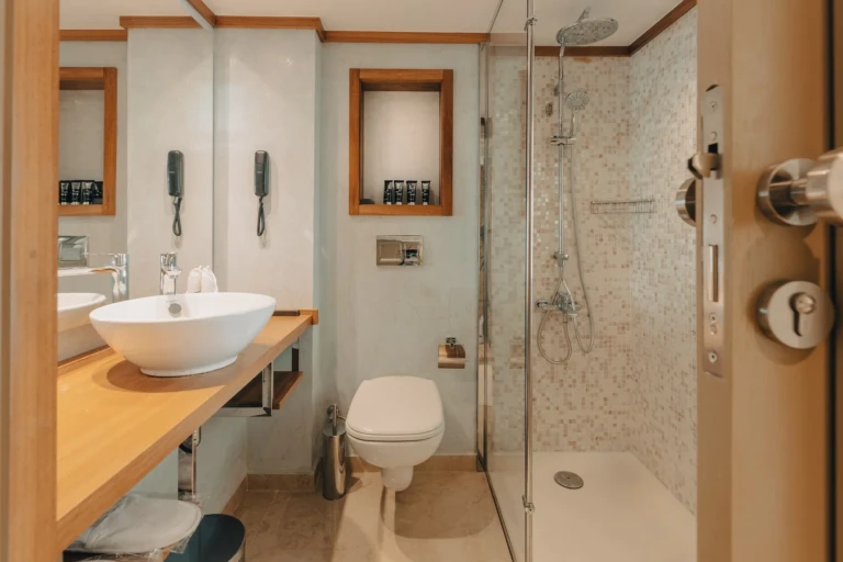 Compact bathroom with glass shower and wooden vanity on the Nebu