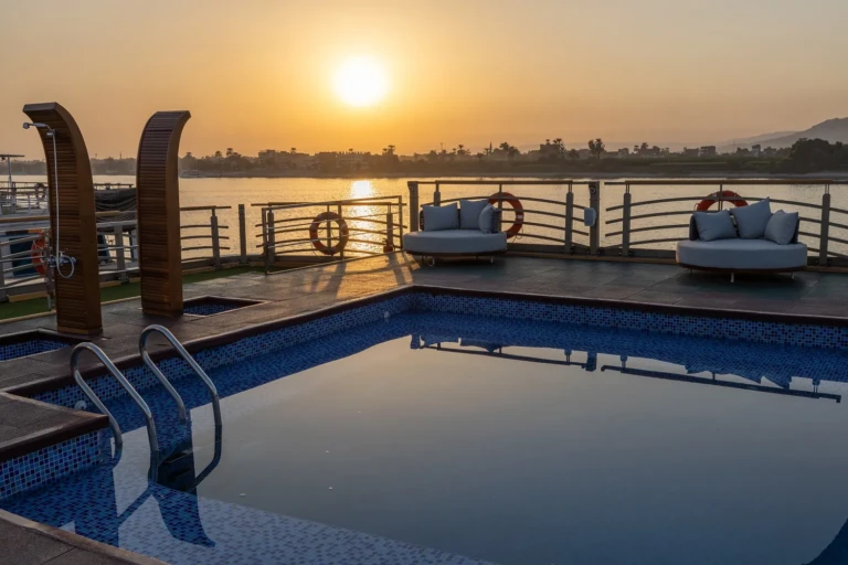 Nebu sun deck pool at sunset over the Nile