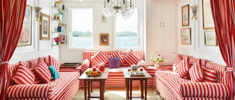 Nour El Nil salon with red striped sofas
