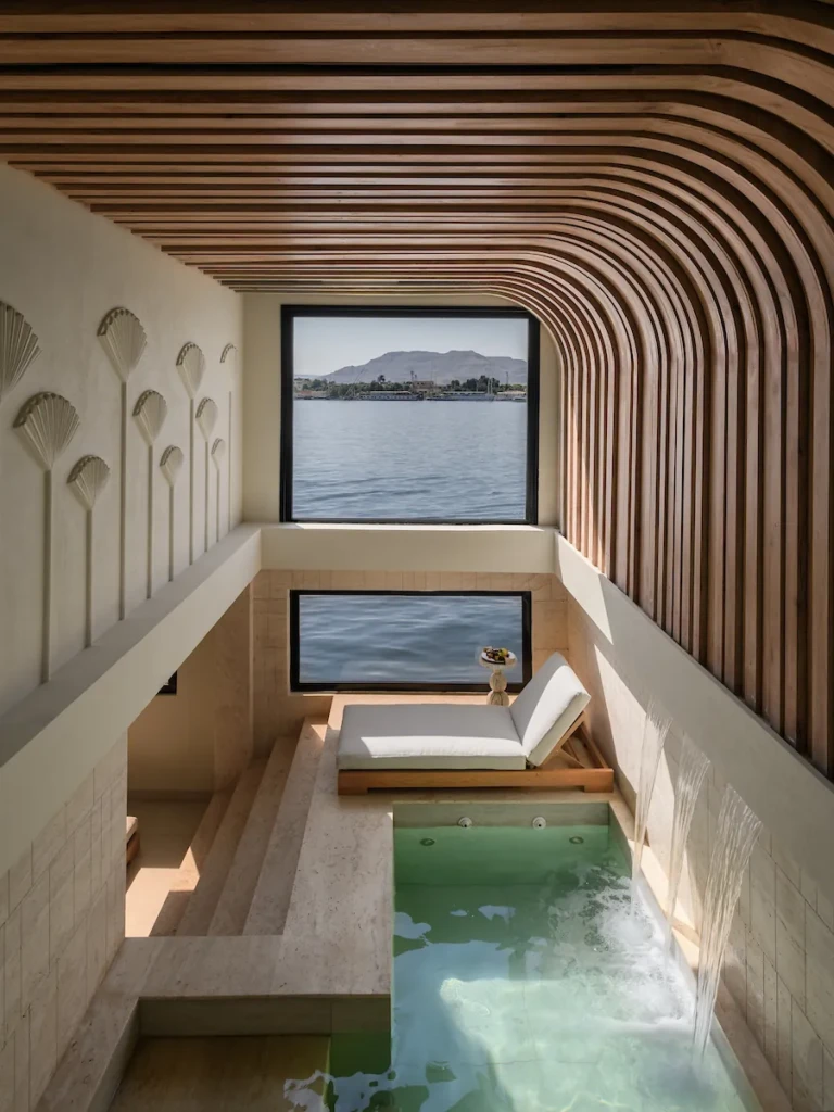 Soleil indoor plunge pool under a wooden slatted ceiling