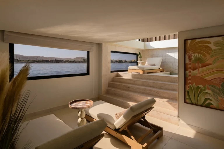 Soleil spa relaxation room with lounger, steps and Nile views
