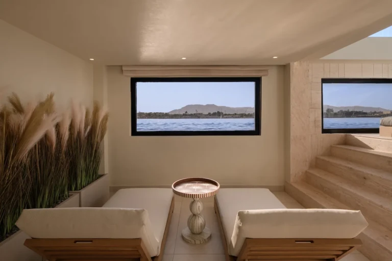 Soleil spa relaxation loungers facing Nile view windows