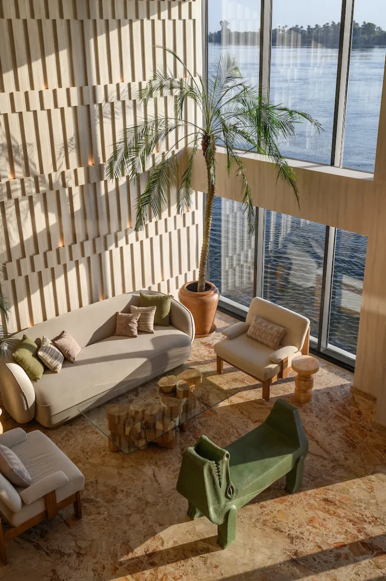 Overhead view of the Soleil double-height lounge and Nile windows