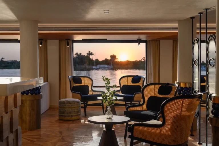 Soleil lounge seating with Nile sunset through the windows