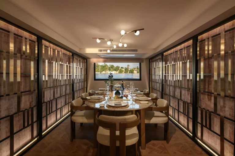 Private dining room with set table and Nile view on the Soleil