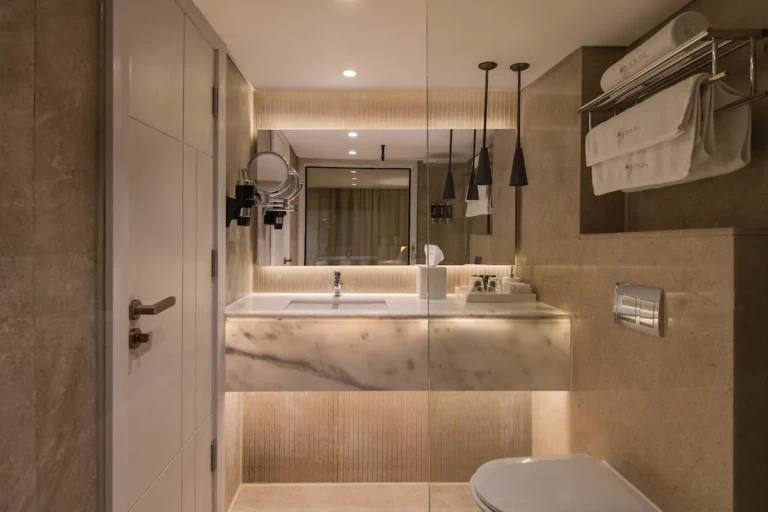 Soleil bathroom vanity with backlit mirror and towel rack