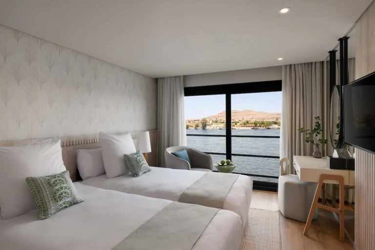 Twin cabin on the Soleil with balcony window over the Nile