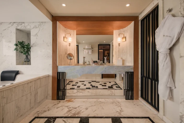 Soleil marble bathroom vanity with mirror and wall sconces