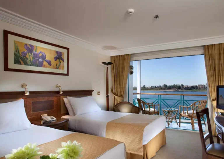 Twin cabin with iris painting and Nile balcony on the Sonesta Moon Goddess