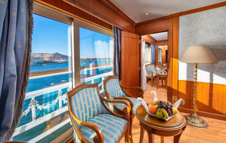 Cabin window seats with fruit bowl overlooking the Nile