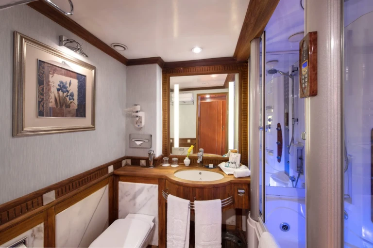 Bathroom vanity, mirror and glass shower cabin