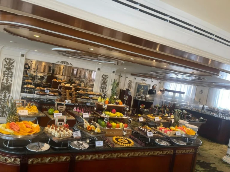 Fruit and dessert buffet spread in the restaurant