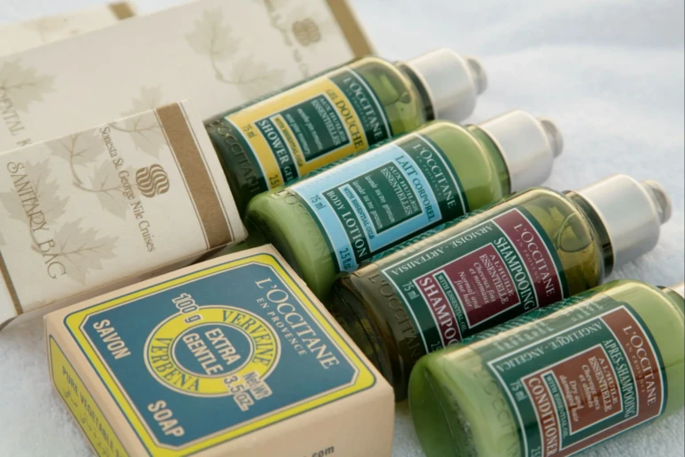 L'Occitane bathroom amenities with shampoo bottles and soap