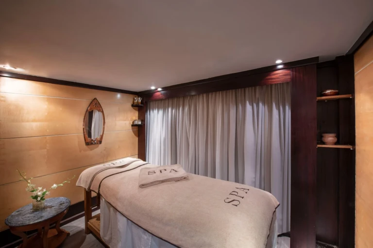 Spa massage room with a towel-draped treatment bed
