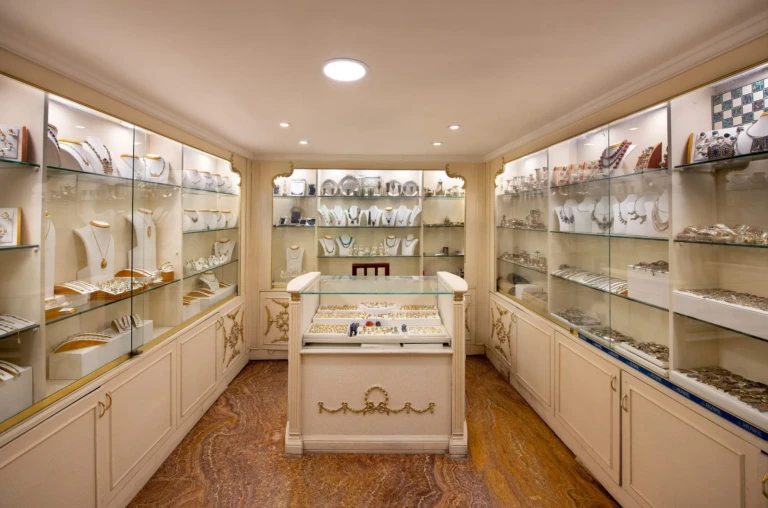 Onboard jewellery shop with glass display cabinets
